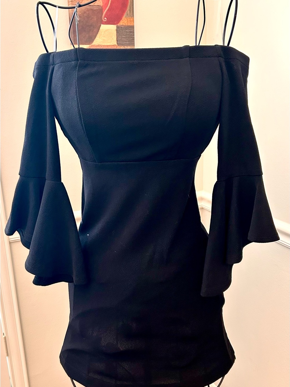 As U Wish Black Off-Shoulder Mini Dress with Layered Bell Sleeves